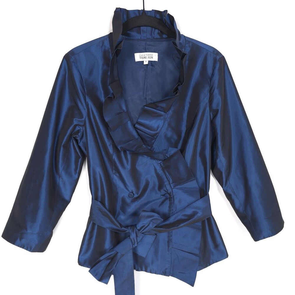 TERI JON Rickie Freeman SET 100% SILK Size 6 Tie Blazer Jacket + Maxi Skirt Navy